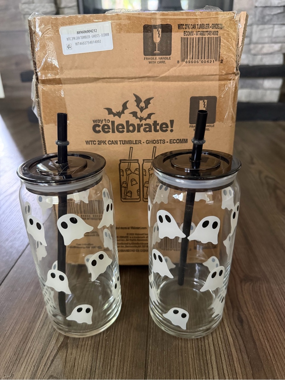 Ghost Print Glass Tumbler Set with Black Lids & Straws